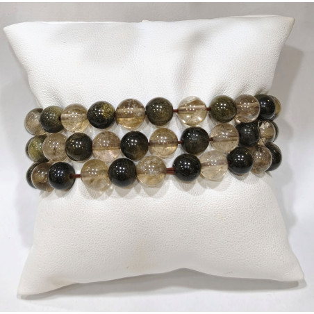 Bracelet Quartz Fumé et Obsidienne Dorée Pierres Rondes 8 mm