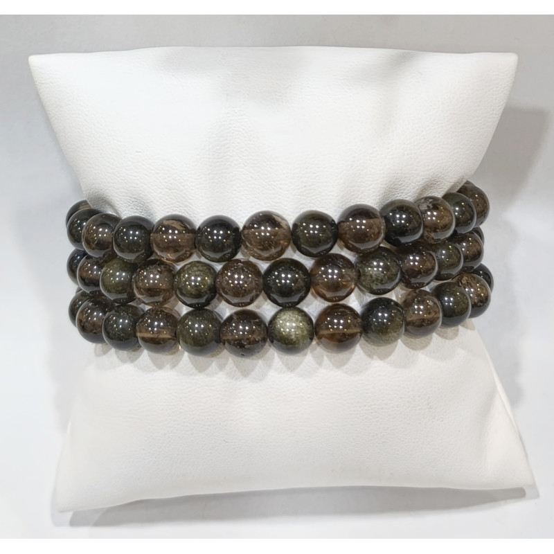 Bracelet Quartz Fumé Morion et Obsidienne Dorée Pierres Rondes 8 mm