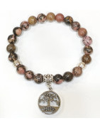 Bracelet Rhodonite avec Inserts et Arbre de Vie Acier Inox Pierres Rondes 8mm