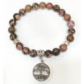 Bracelet Rhodonite avec Inserts et Arbre de Vie Acier Inox Pierres Rondes 8mm