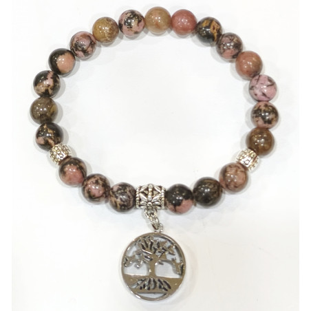 Bracelet Rhodonite avec Inserts et Arbre de Vie Acier Inox Pierres Rondes 8mm