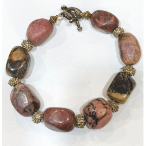 Bracelet Rhodonite Pierres Roulées avec Inserts et Fermoir
