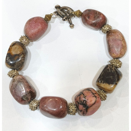 Bracelet Rhodonite Pierres Roulées avec Inserts et Fermoir