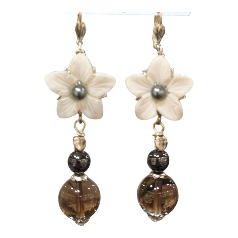 Boucles Nacre Fleur Perles Hématite Quartz Fumé