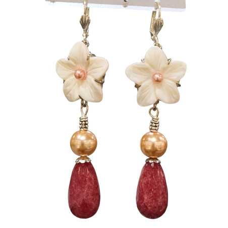 Boucles Nacre Fleur Perles Aventurine Rouge