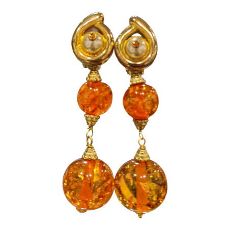 Boucles Ambre Copal Vintage à Clips Plaquées Or