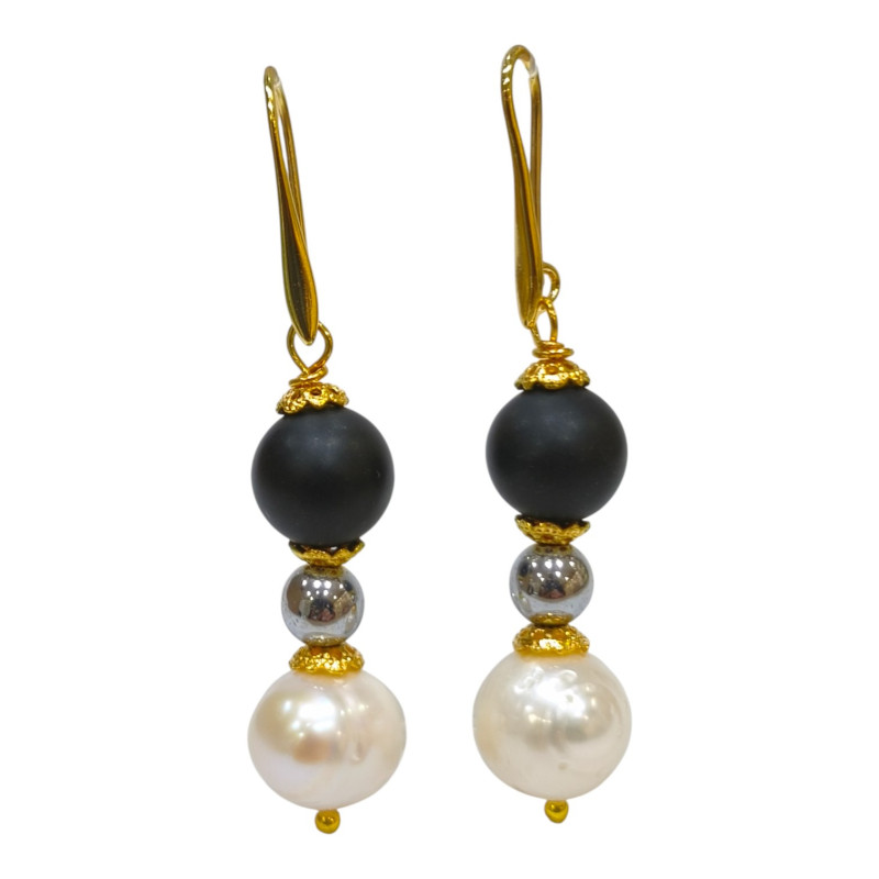 Boucles Onyx Mat Perles Plaquées Or