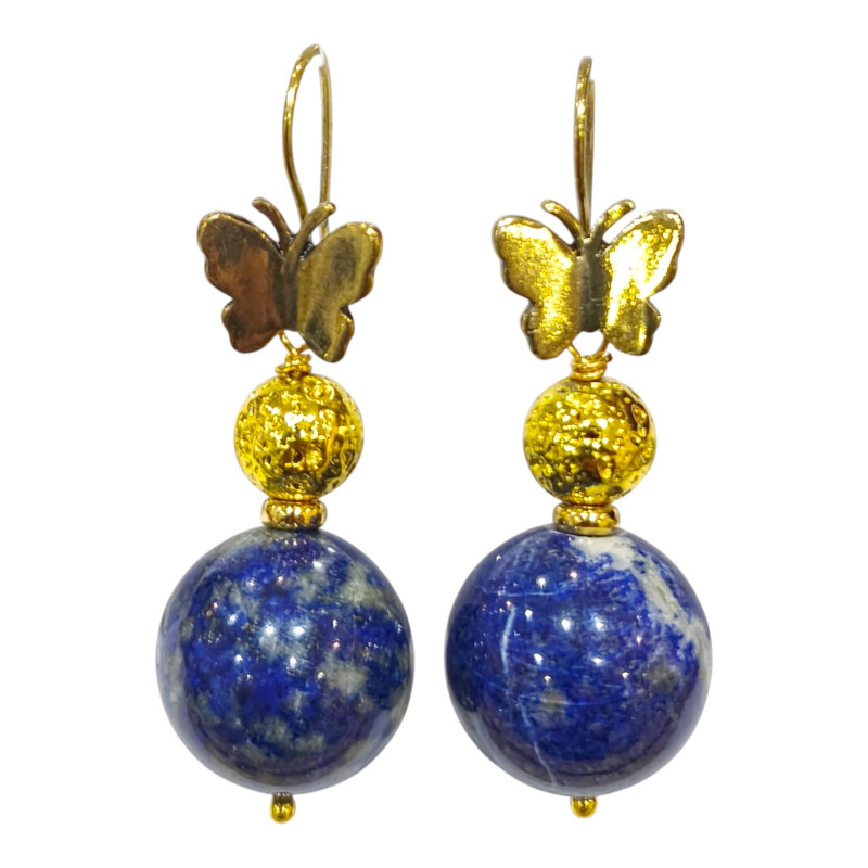 Boucles Lapis-lazuli Pierres Rondes Papillons Plaquées Or