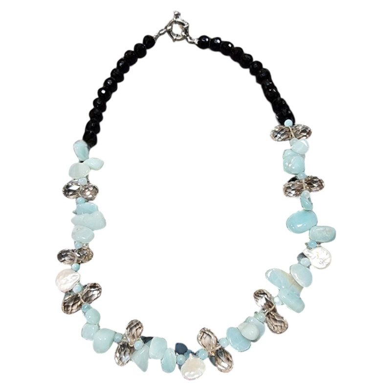 Collier Amazonite Baroque Onyx Facettée & Perles Eau Douce 45 cm