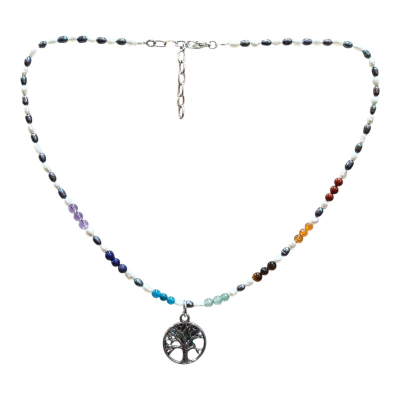 Collier Perles d'Eau Douce Grain de Riz 7 Chakras et Arbre de Vie 40 cm