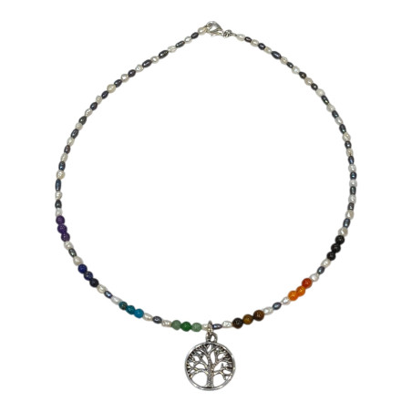 Collier Perle d'Eau Douce 7 Chakras et Arbre de Vie 40 cm
