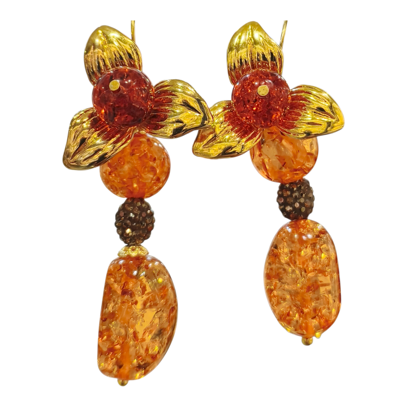 Boucles Ambre Copal Fleur Plaquées Or