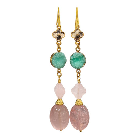 Boucles Agate et Quartz Rose Plaquées Or