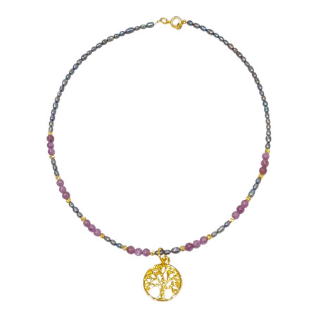 Collier Perles Eau Douce et Rubis Etoilé avec Arbre de Vie