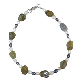 Bracelet Labradorite Baroque et Perles d'Eau Douce Grain de Riz avec Fermoir 19.5 cm
