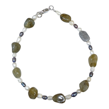 Bracelet Labradorite Baroque et Perles d'Eau Douce Grain de Riz avec Fermoir 19.5 cm