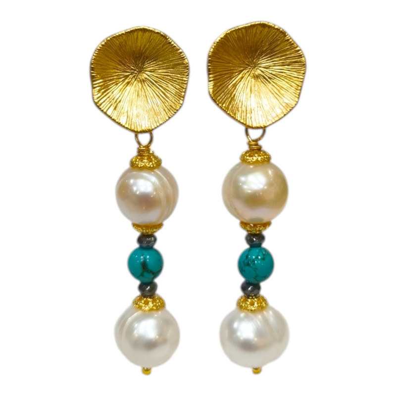 Boucles Perles d'Eau Douce et Turquoise Laiton Plaqué Or