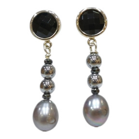 Boucles Perles d'Eau Douce Hématite et Onyx Facettée Acier Inox