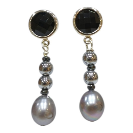 Boucles Perles d'Eau Douce Hématite et Onyx Facettée Acier Inox