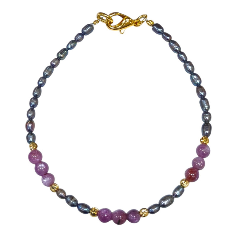 Bracelet Perles d'Eau Douce Grises Grain de Riz Grises et Rubis Etoilé