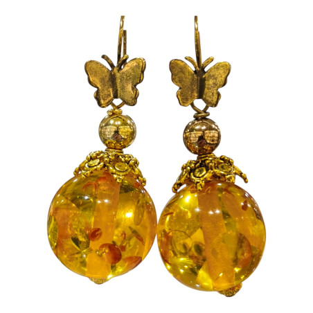 Boucles Ambre Copal Papillon Plaquées Or