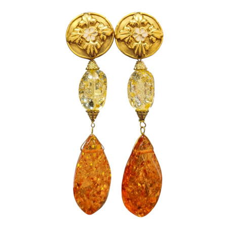 Boucles Ambre Copal Vintage à Clips Plaquées Or
