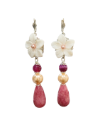 Boucles Nacre Fleur Perles Agate Aventurine Rouge