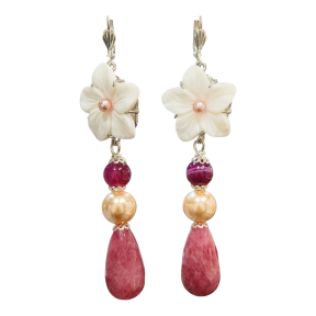 Boucles Nacre Fleur Perles Agate Aventurine Rouge