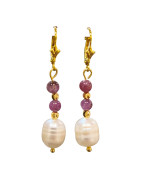 Boucles Perle et Rubis Etoilé Argent 925 Plaqué Or (Vermeil)
