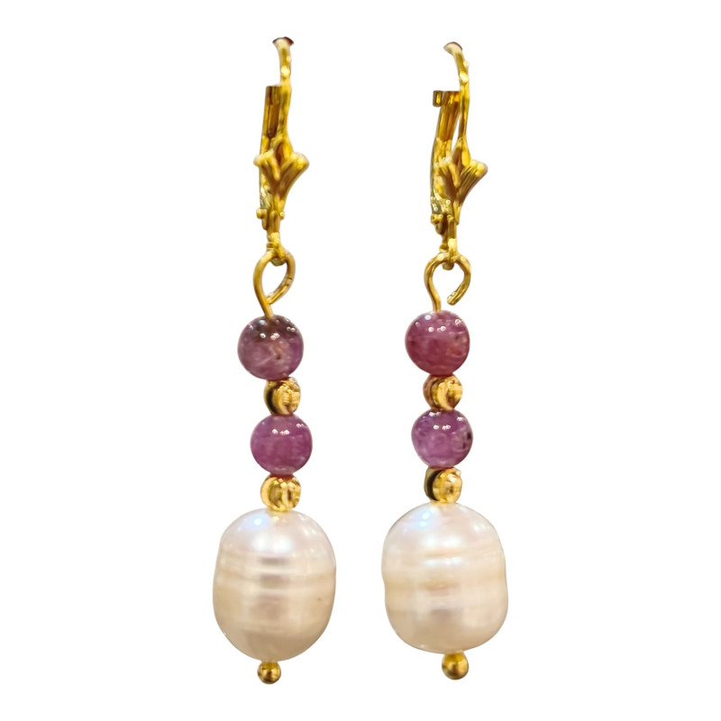 Boucles Perle et Rubis Etoilé Argent 925 Plaqué Or (Vermeil)