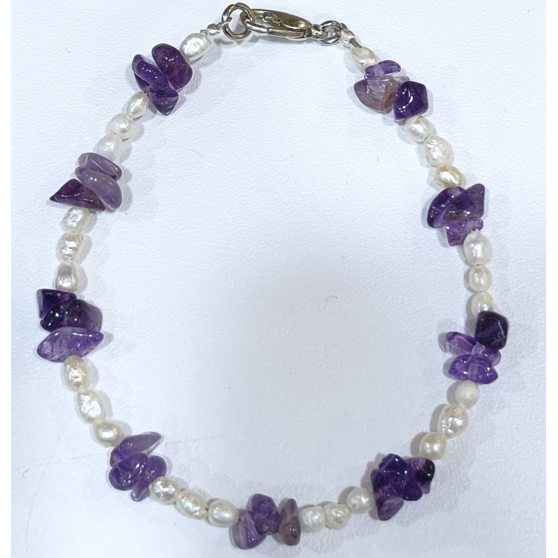 Bracelet Améthyste Baroque Perles d'Eau Douce Grain de Riz avec Fermoir