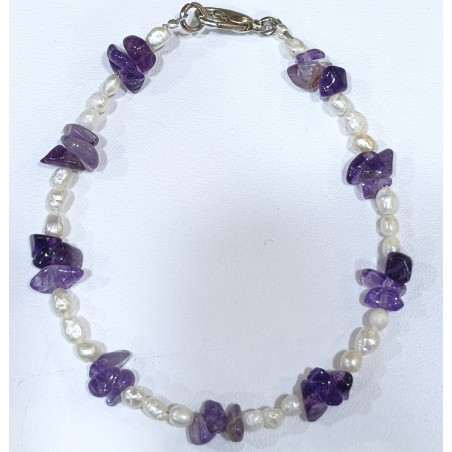 Bracelet Améthyste Baroque Perles d'Eau Douce Grain de Riz avec Fermoir