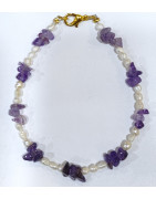Bracelet Améthyste Baroque Perles d'Eau Douce Grain de Riz avec Fermoir Doré