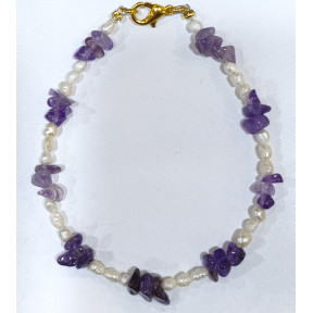 Bracelet Améthyste Baroque Perles d'Eau Douce Grain de Riz avec Fermoir Doré