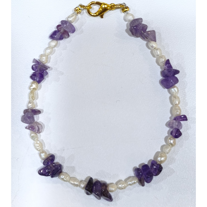 Bracelet Améthyste Baroque Perles d'Eau Douce Grain de Riz avec Fermoir Doré