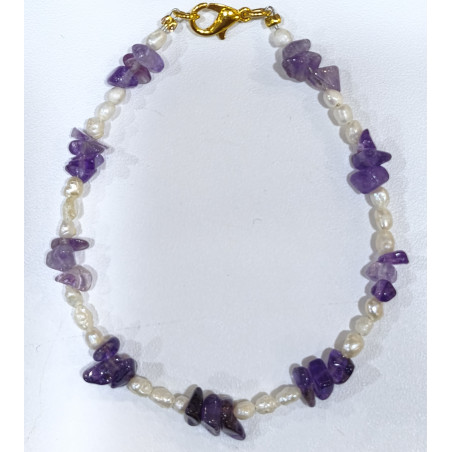 Bracelet Améthyste Baroque Perles d'Eau Douce Grain de Riz avec Fermoir Doré