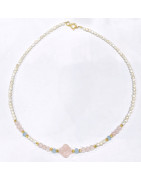 Collier Perles Eau Douce Quartz Rose Aigue Marine Facettée