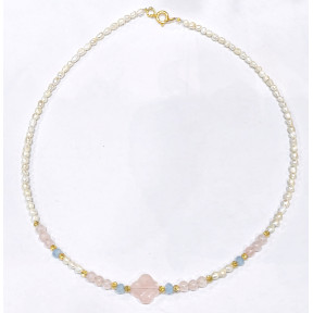 Collier Quartz Rose Aigue Marine Facettée et Perles d'Eau Douce Grain de Riz avec Fermoir Doré 40 cm