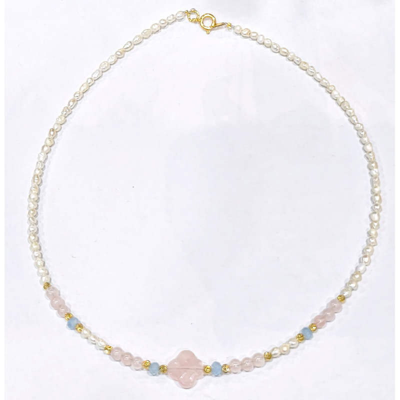 Collier Perles Eau Douce Quartz Rose Aigue Marine Facettée