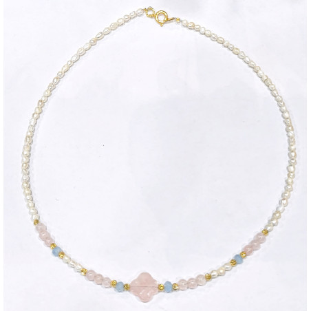 Collier Perles Eau Douce Quartz Rose Aigue Marine Facettée