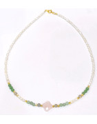 Collier Perles Eau Douce Quartz Rose Aventurine verte Labradorite
