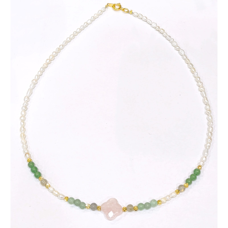 Collier Perles Eau Douce Quartz Rose Aventurine verte Labradorite