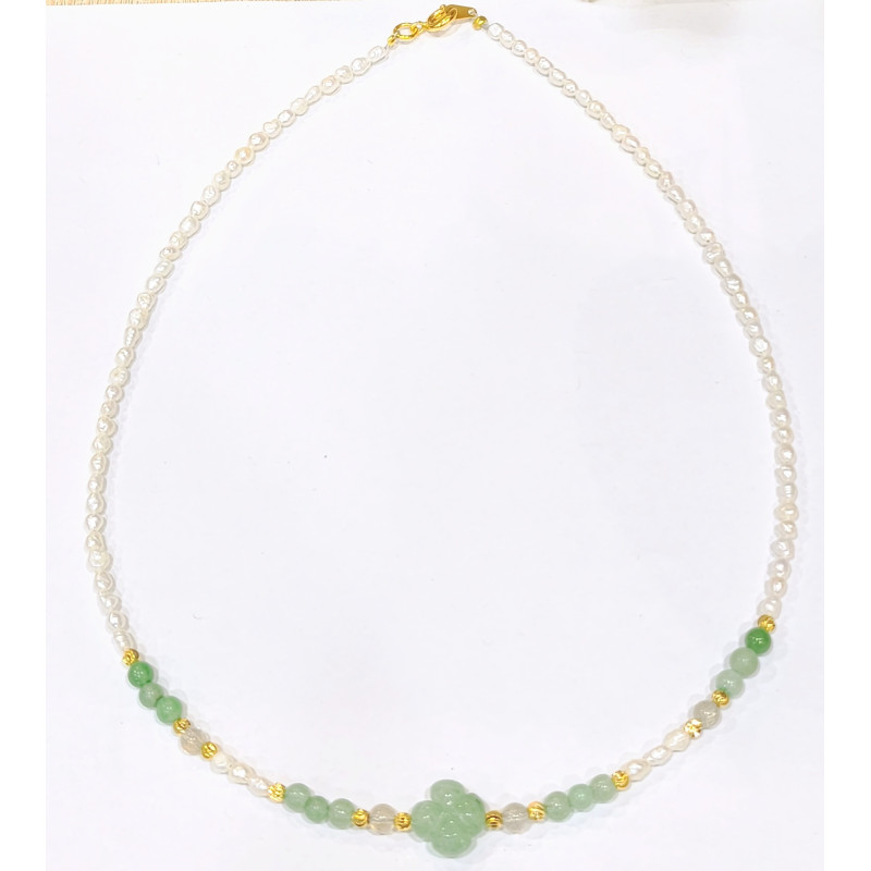 Collier Aventurine verte Labradorite et Perles d'Eau Douce Grain de Riz avec Fermoir Doré 40 cm