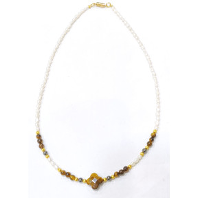 Collier Œil de Tigre hématite et Perles d'Eau Douce Grain de Riz avec Fermoir Doré à vis 40 cm