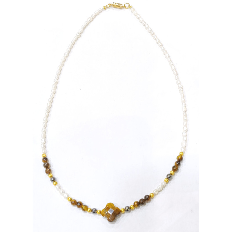 Collier Perles Eau Douce Œil de Tigre Hématite