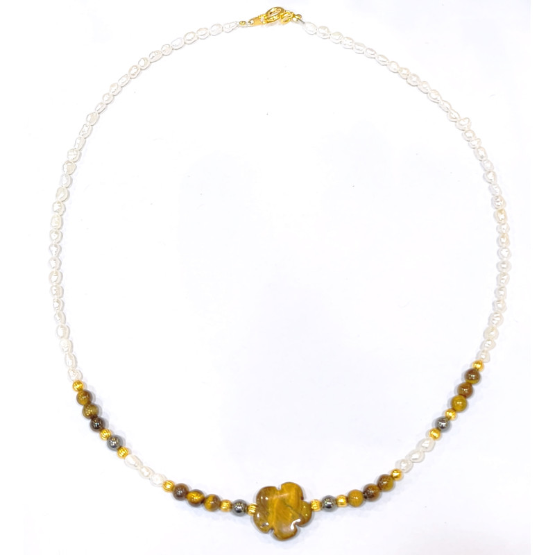 Collier Perles Eau Douce Œil de Tigre Hématite