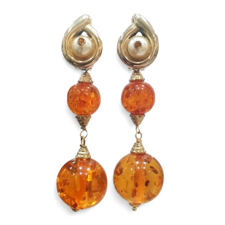 Boucles Ambre Copal Vintage à Clips Plaquées Or