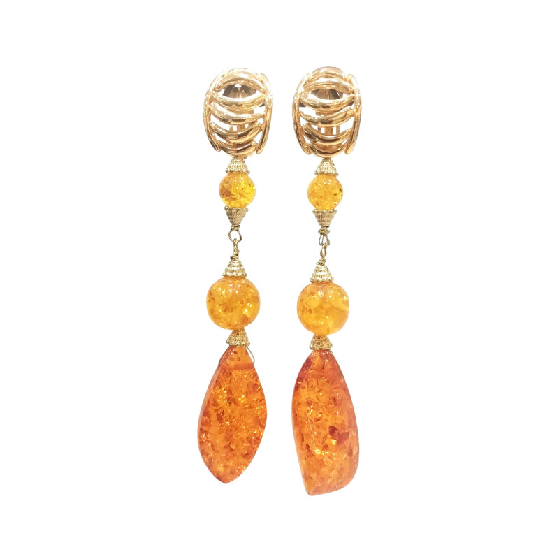 Boucles Ambre Copal Vintage à Clips Plaquées Or