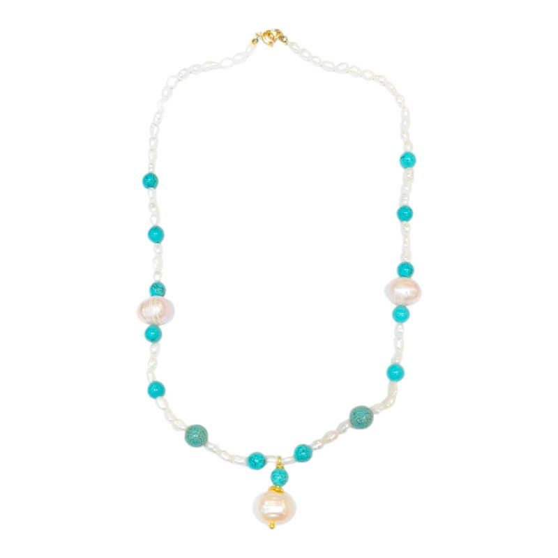 Collier Perles Eau Douce et Perles Grain de Riz Turquoise