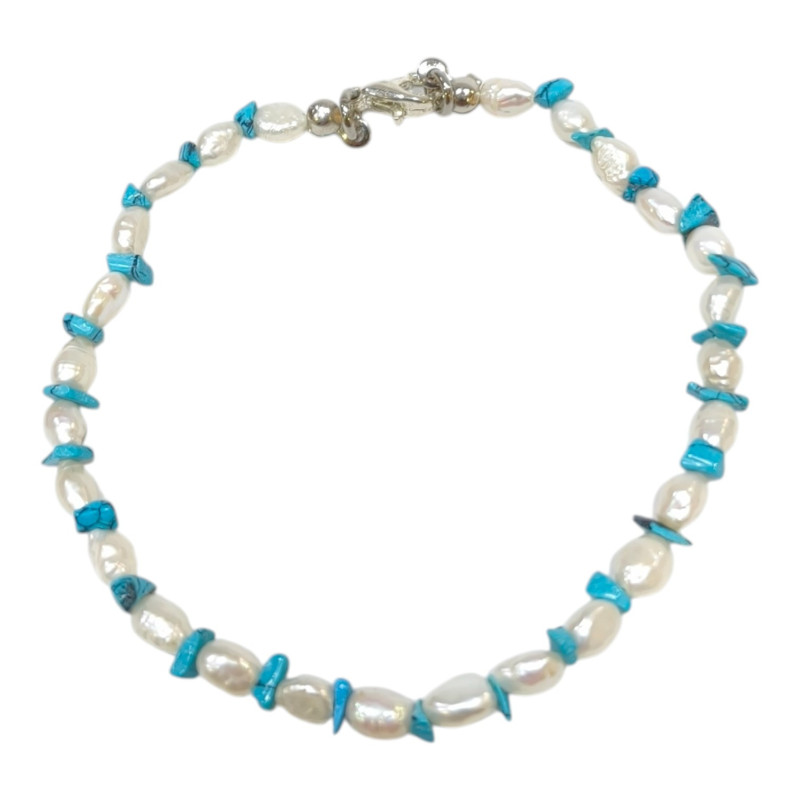 Bracelet Perles d'Eau Douce Grain de Riz et Turquoise avec Fermoir 20 cm